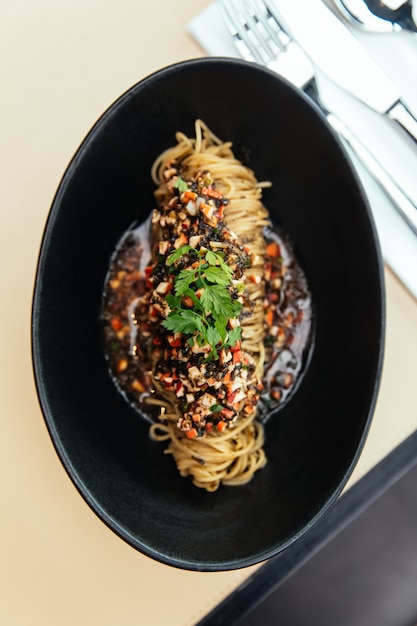 Close up top view of Capellini Cold Pasta with Hikiji Seaweed