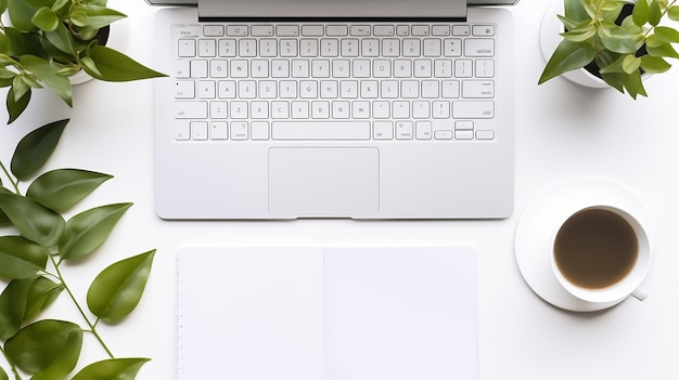 白いワークスペースの机に座りながらラップトップで作業する女性の上面図を接写