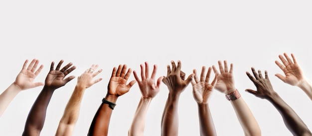 Photo close up top view of young business people putting their hands together