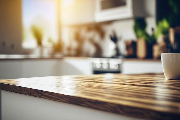 Close up top wooden table with light blurred background