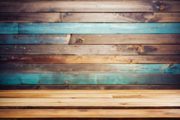 Close up of top of Wooden table or wooden floor texture with wooden wall background of Colorful wooden plank concept for advertising