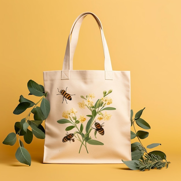 a close up of a tote bag with a bee and flowers on it generative ai