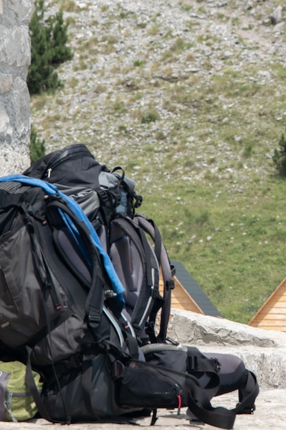close up of touristic backpack sport adventure equipment