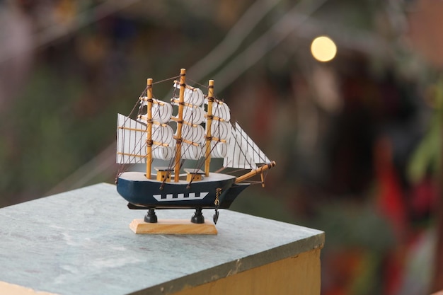 close-up of toy boat on wall