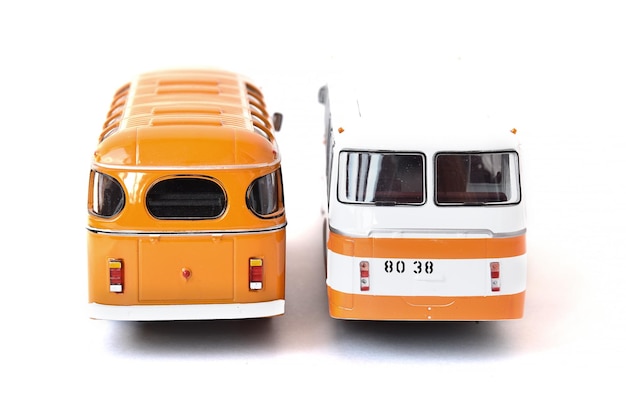 close-up of toy bus on white background