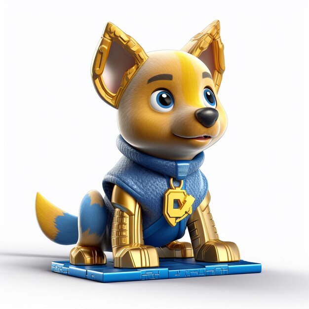 A close up of a toy dog wearing a blue and gold outfit generative ai