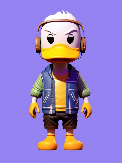 A close up of a toy duck wearing a jacket and headphones generative ai