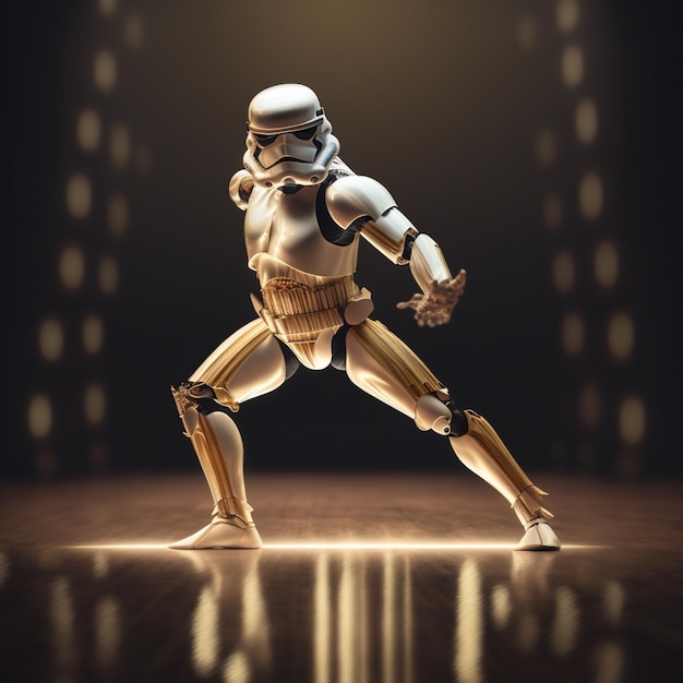 Photo a close up of a toy figure of a stormtrooper on a wooden floor generative ai