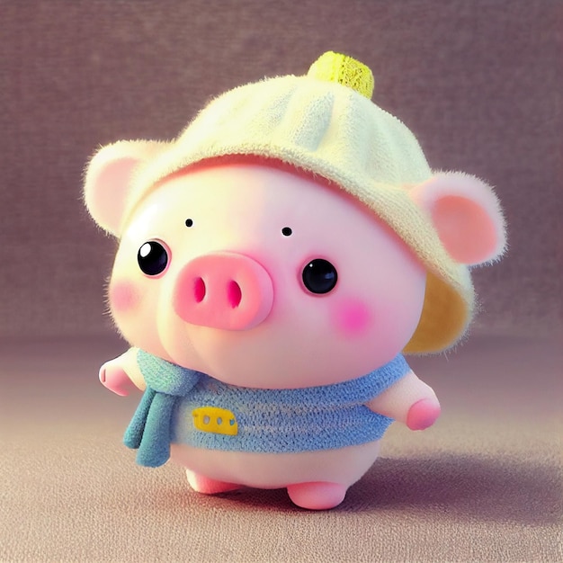 Close up of a toy pig wearing a hat and scarf generative ai