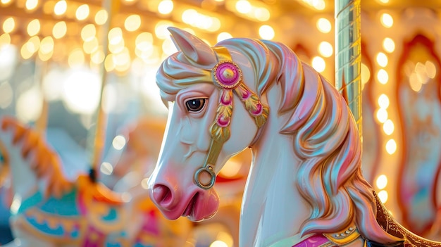 Photo close up of a traditional carousel at a fair or amusement park pastel colores