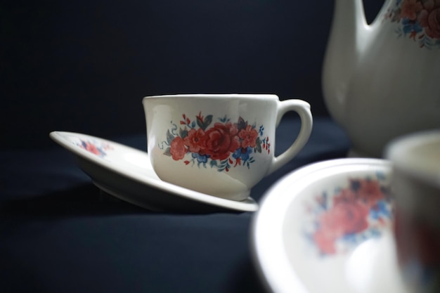 close up traditional cup of tea in black background display