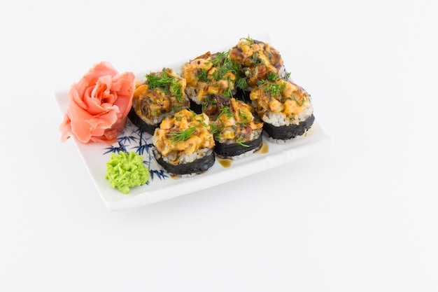 Close-up of traditional Japanese sushi on a white background 