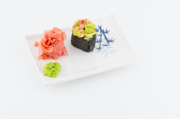 Close-up of traditional Japanese sushi on a white background 