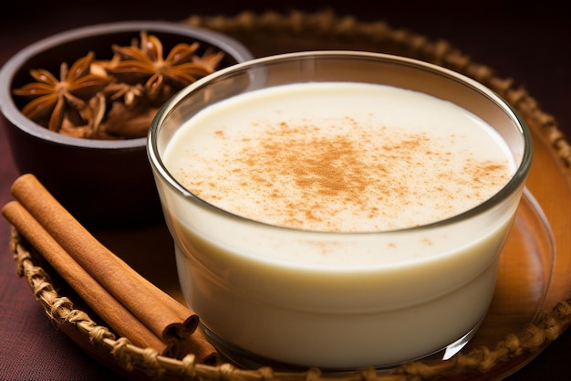 A close up of a traditional Mexican agua de horchata with rice and cinnamon