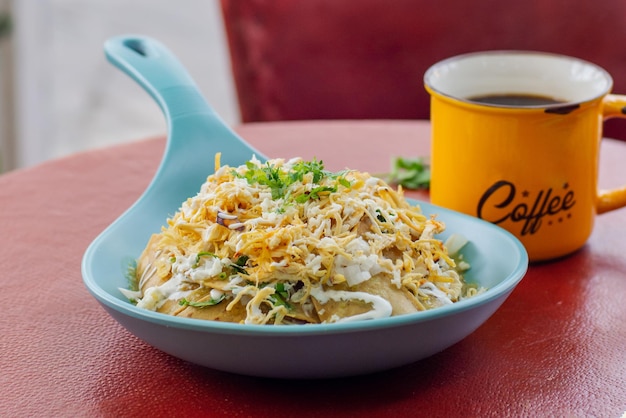 Close up of traditional Mexican chilaquiles