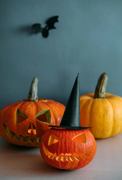 Close-up traditional pumpkin-made lantern decorations for Halloween celebration