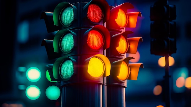 Close up of traffic light at night Generative AI