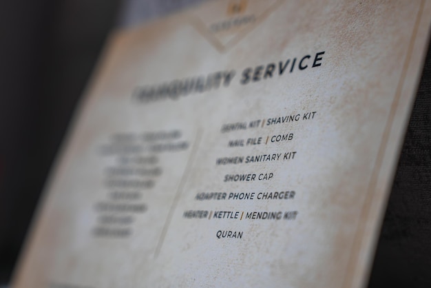 close up of tranquility service amenities card in luxury hotel