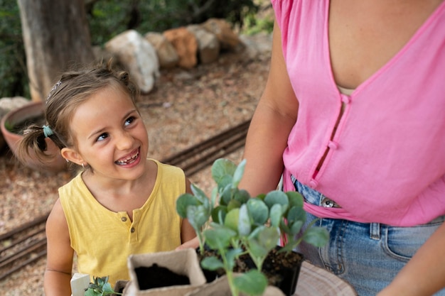 Photo close up on transplanting process of plants