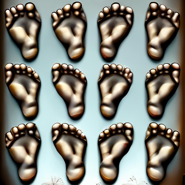 a close up of a tray of chocolate shaped like a babys feet generative ai