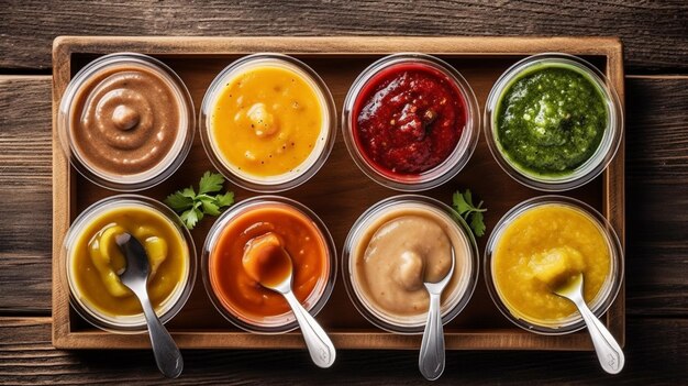 a close up of a tray of different sauces with spoons generative ai