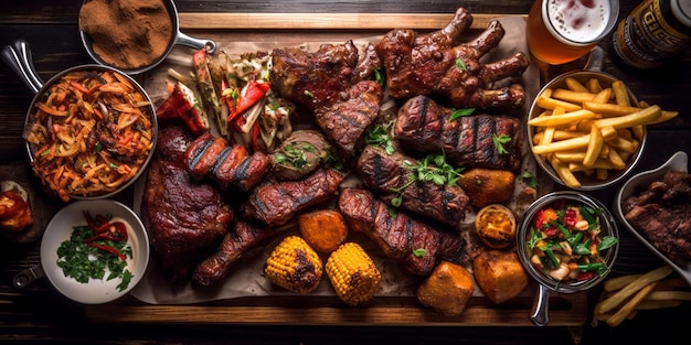 a close up of a tray of food with meat and fries generative ai