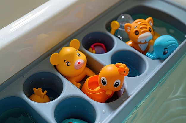 A close up of a tray of toys in a sink