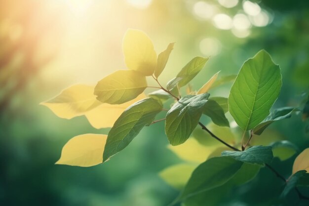 A close up of a tree branch with green leaves and the sun shining through the leaves.