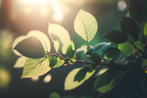 A close up of a tree branch with leaves and the sun shining through the leaves.