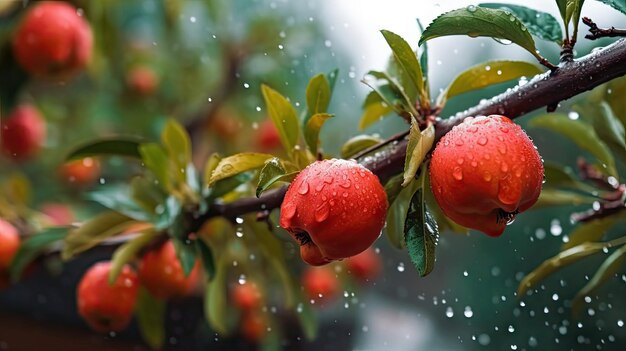 A close up of a tree branch with red fruit on it