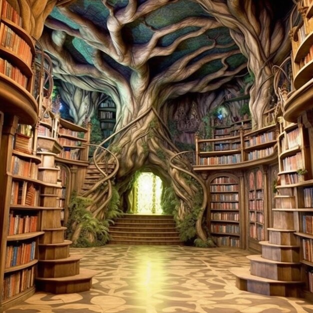 a close up of a tree in a library with a staircase generative ai