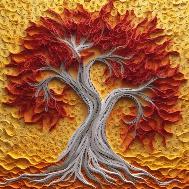 A close up of a tree made of paper with a red and yellow background generative ai