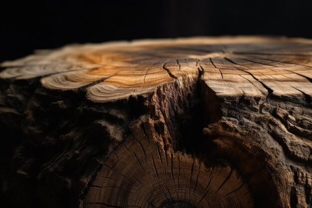 A close up of a tree stump with a black background generative AI