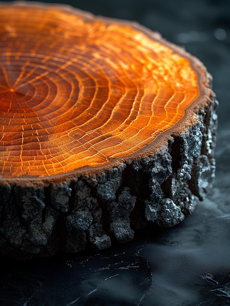 A close up of a tree stump with a black background and a yellow center piece on top of it