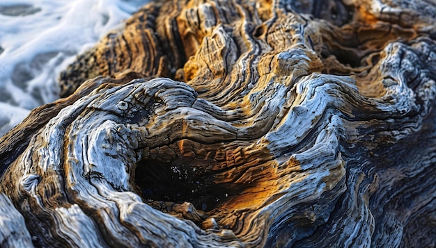 a close up of a tree trunk with snow in the background