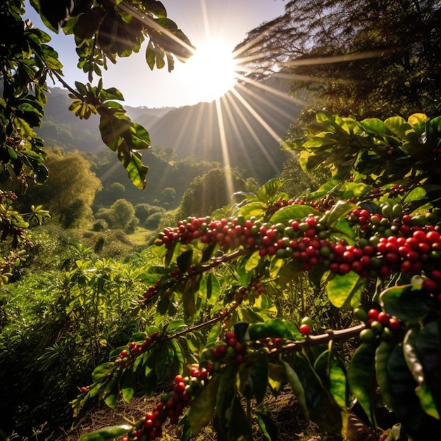 Foto un primo piano di un albero con un mucchio di chicchi di caffè su di esso ai generativo