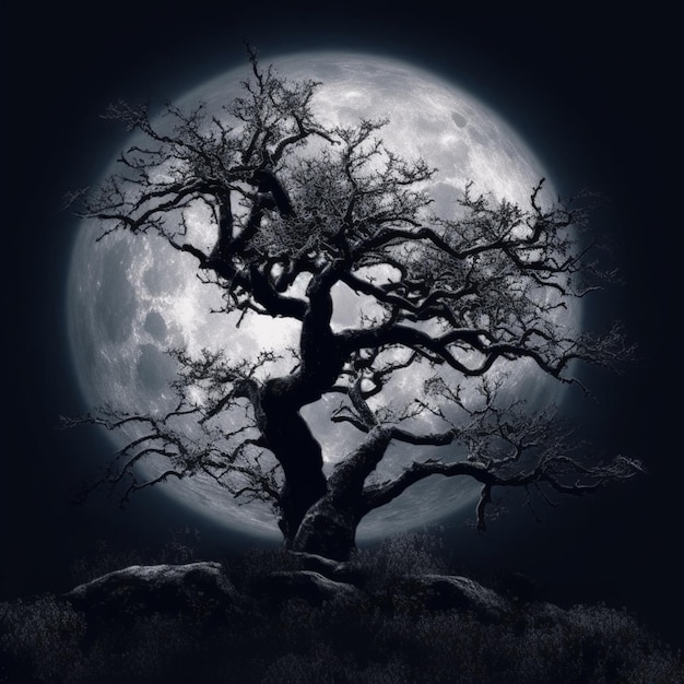 A close up of a tree with a full moon in the background generative ai