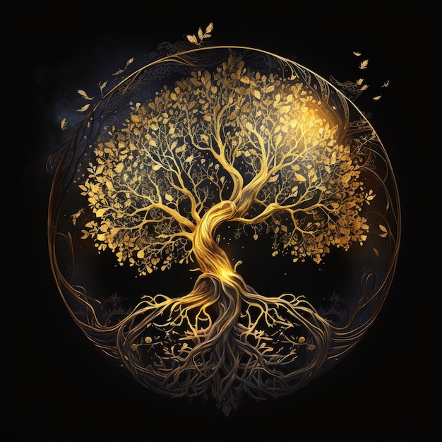 A close up of a tree with a golden leaf in a circle generative ai