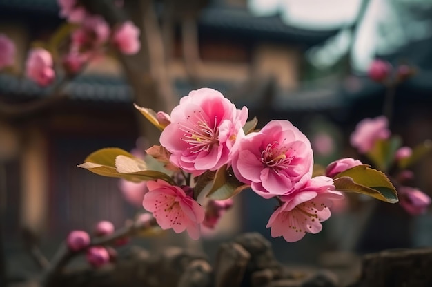 A close up of a tree with pink flowers