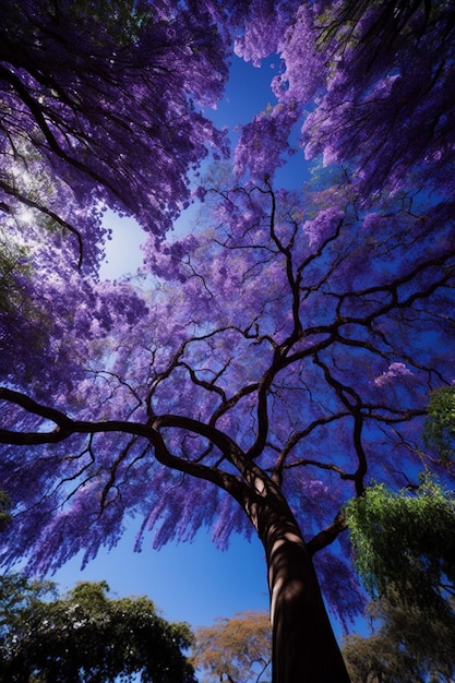 Foto chiuda in su dell'albero con fiori viola su di esso ai generativa