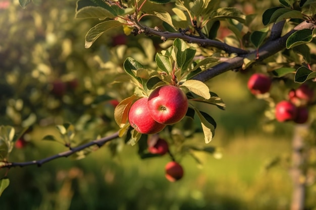 A close up of a tree with red apples on it