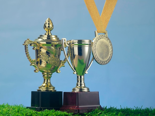 Close up trophy and medal on the artificial grass