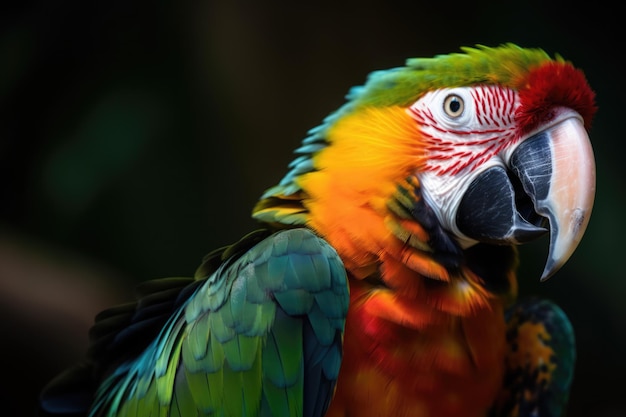 Близкий вид тропического попугая на темном фоне, созданный с использованием генеративной технологии искусственного интеллекта
