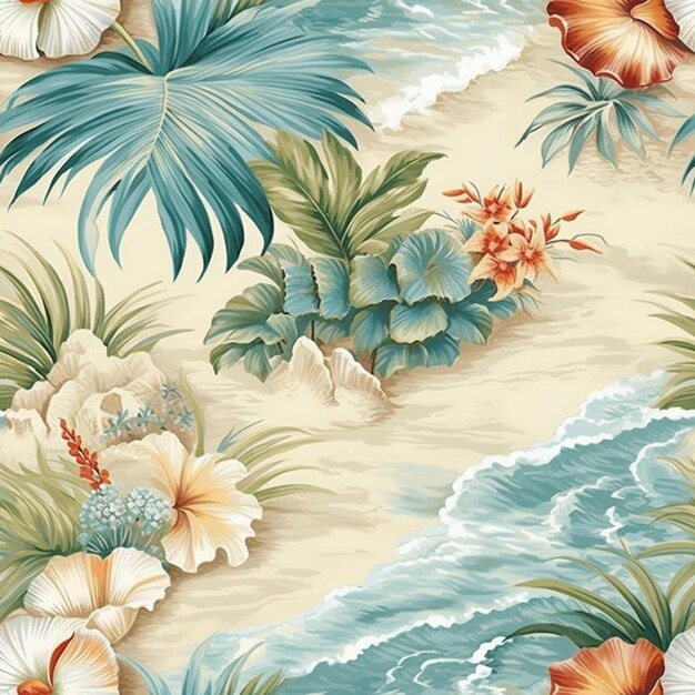 Photo a close up of a tropical print with flowers and leaves generative ai