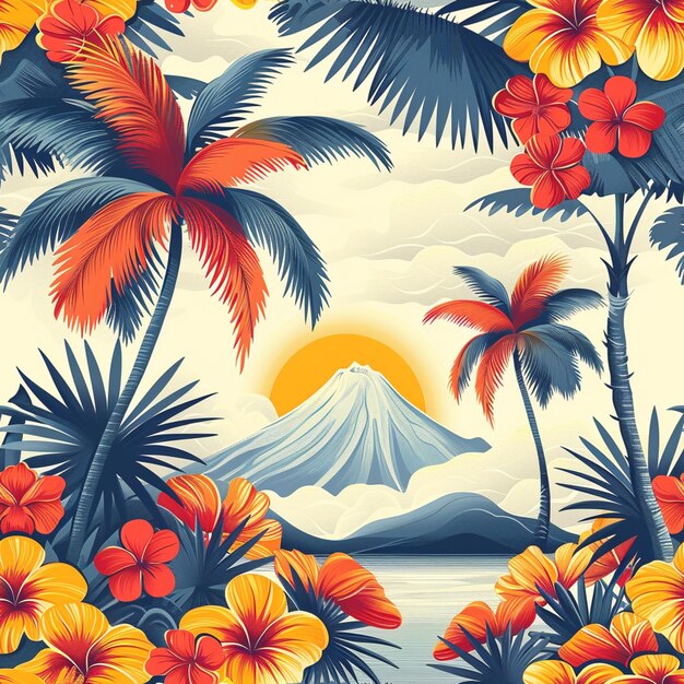 Photo a close up of a tropical scene with a volcano and palm trees generative ai