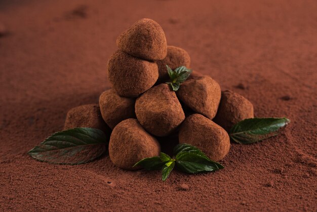 Close up truffles with cocoa powder