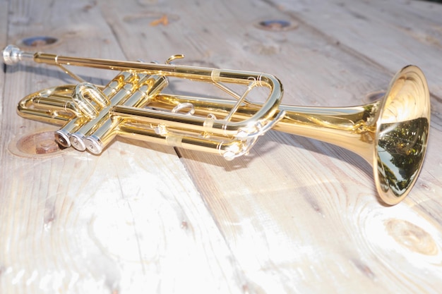 close-up of trumpet on table