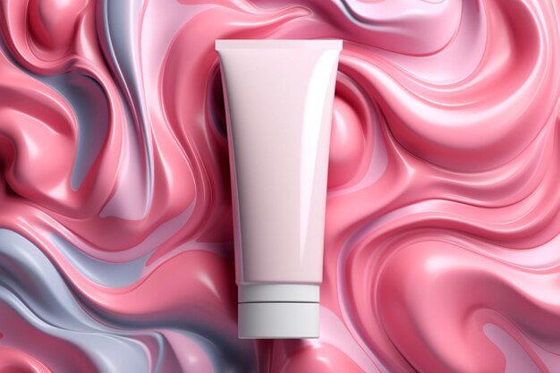 A close up of a tube of cream on a pink and blue background generative ai