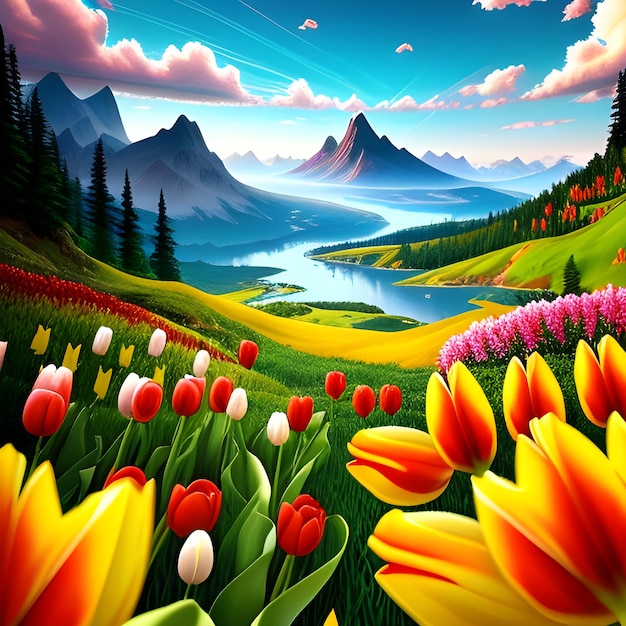 a close up to a tulips garden landscape and a lake and peaks in the horizon