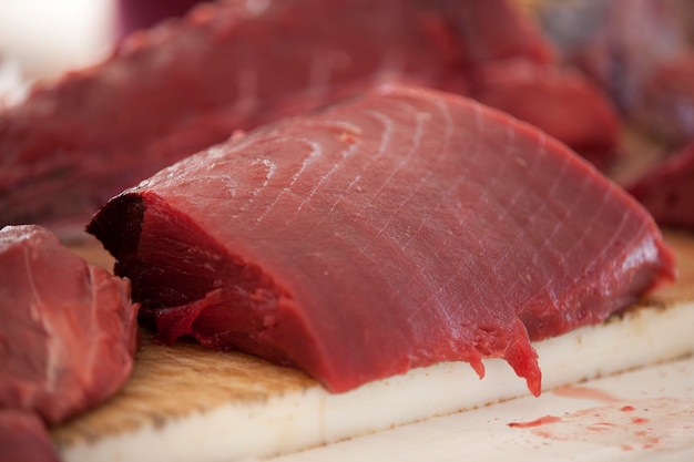 close-up of tuna fish on cutting board